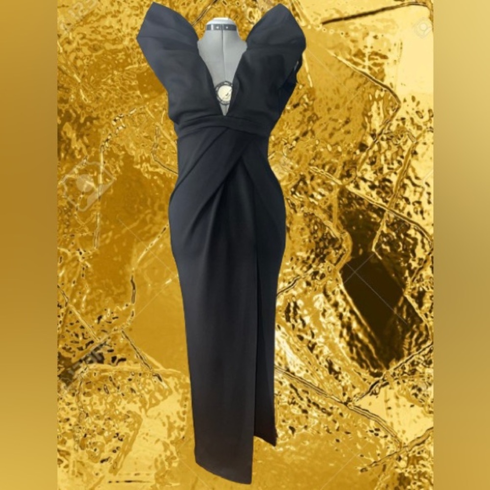 NWOT, Deep Plunge Neckline Evening Gown,Accentuated Stand-Up Sleeves, Sz sm/med